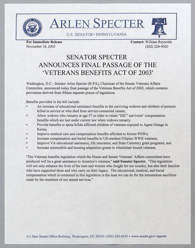 Senator Specter announces final passage of the "Veterans Benefits Act of 2003,"