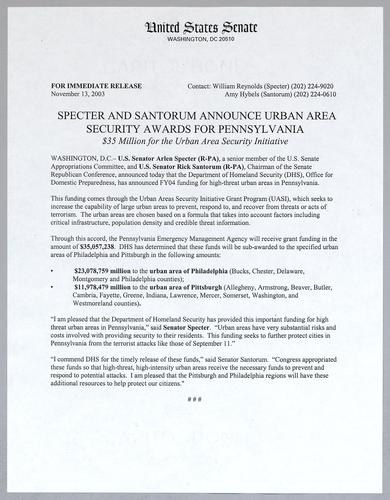 Specter and Santorum announce urban area mass transit security awards for Pennsylvania