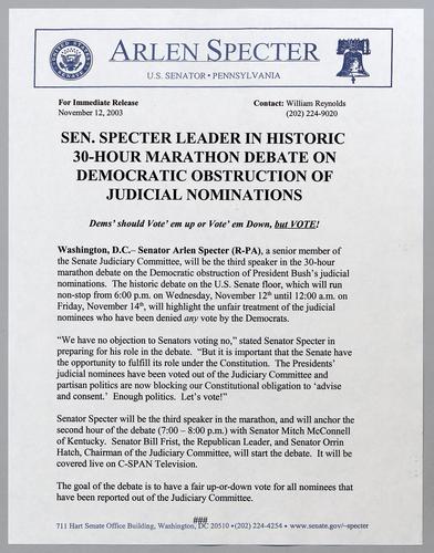 Senator Specter leader in historic 30-hour marathon debate on Democratic obstruction of justice