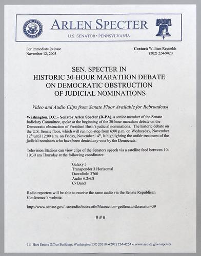 Senator Specter in historic 30-hour marathon debate on Democratic obstruction of judicial nominations