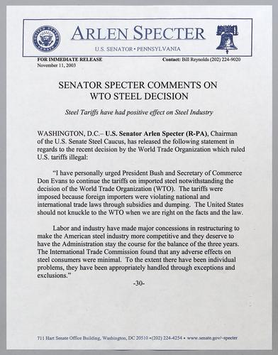 Senator Specter comments on WTO steel decision
