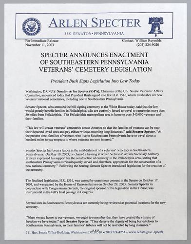 Specter announces enactment of southeastern Pennsylvania veterans' cemetery legislation