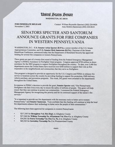 Senators Specter and Santorum announce grants for fire companies in western Pennsylvania