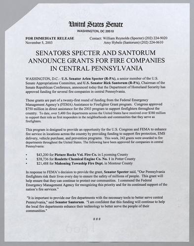 Senators Specter and Santorum announce grants for fire companies in central Pennsylvania