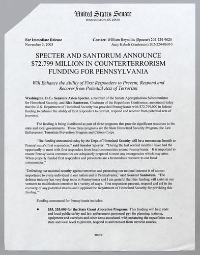Specter and Santorum announce $72.799 million in counterterrorism funding for Pennsylvania