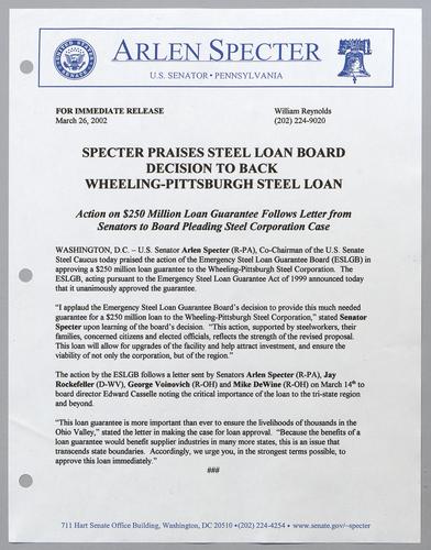 Specter praises steel loan board decision to back Wheeling-Pittsburgh steel loan
