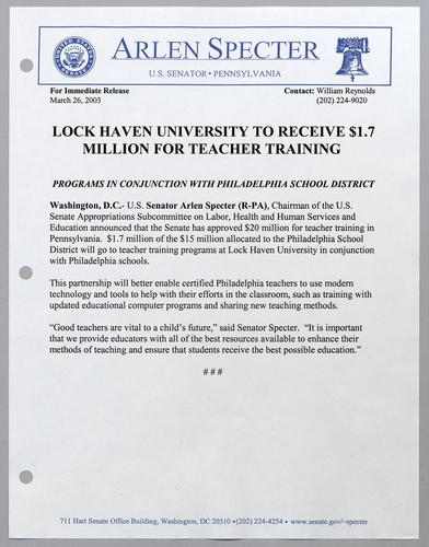 Lock Haven University to receive $1.7 million for teacher training