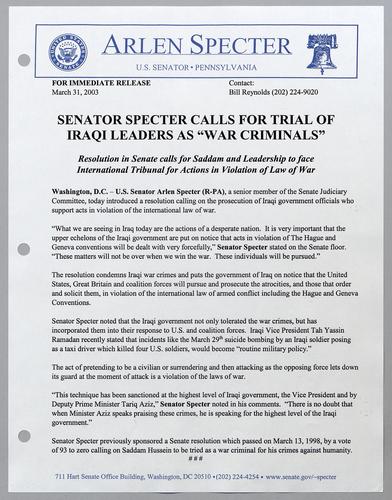 Senator Specter calls for trial of Iraqi leaders as "war criminals,"