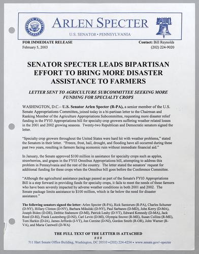Senator Specter leads bipartisan effort to bring more disaster assistance to farmers
