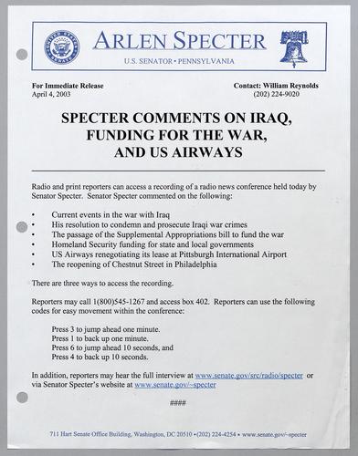 Specter comments on Iraq, funding for the war, and U.S. Airways