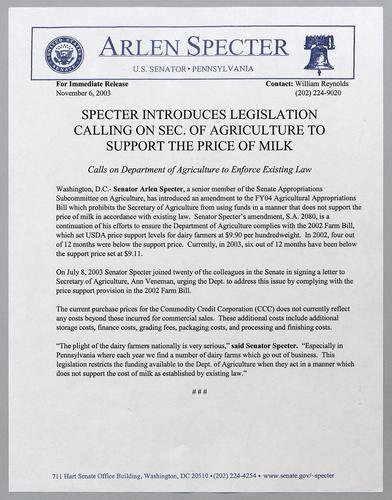 Specter introduces legislation calling on Secretary of Agriculture to support the price of milk