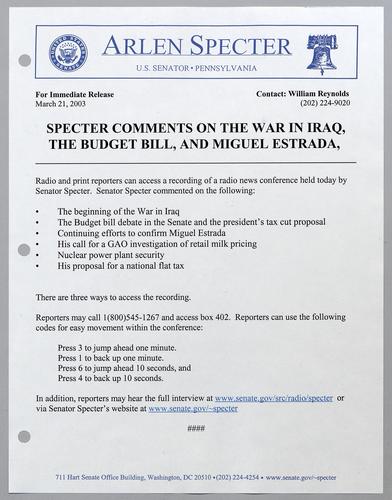 Specter comments on the war in Iraq, the budget bill, and Miguel Estrada