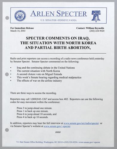 Specter comments on Iraq, the situation with North Korea, and partial birth abortion
