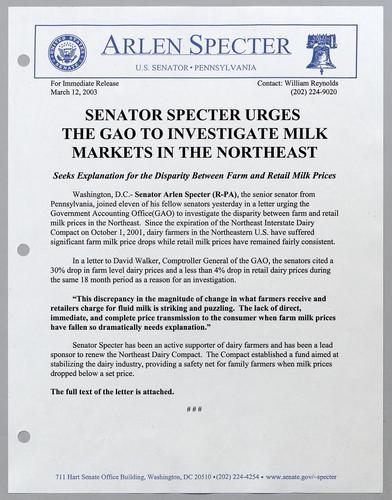 Senator Specter urges the GAO to investigate milk markets in the Northeast