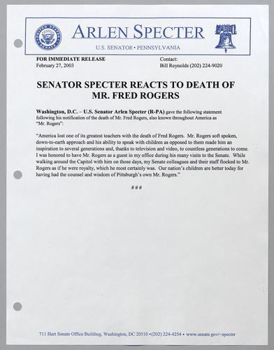 Senator Specter reacts to death of Mr. Fred Rogers