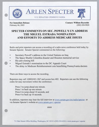 Specter comments son Secretary Powell's UN address, the Miguel Estrada nomination, and efforts to address Medicare issues