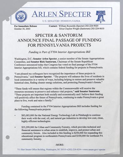 Specter and Santorum announce final passage of funding for Pennsylvania projects