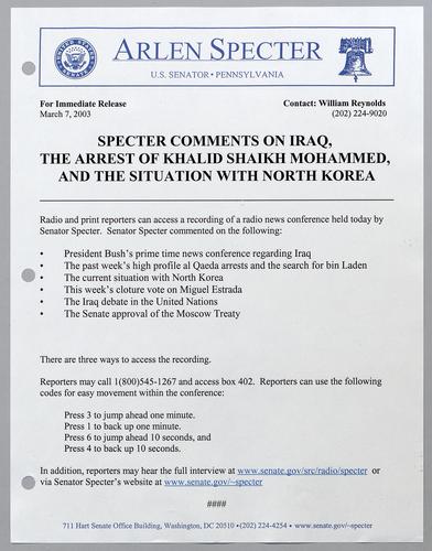Specter comments on Iraq, the arrest of Khalid Shaikh Mohammed, and the situation with North Korea