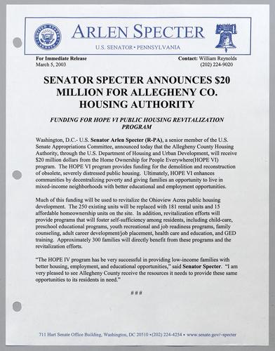 Senator Specter announces $20 million for Allegheny County Housing Authority