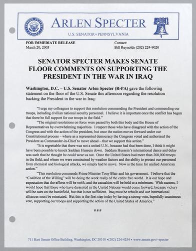 Senator Specter makes Senate floor comments on supporting the President in the war in Iraq
