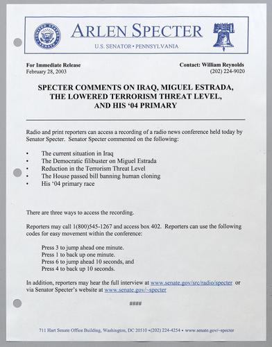 Specter comments on Iraq, Miguel Estrada, the lowered terrorism threat level, and his 2004 primary