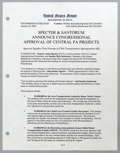 Specter and Santorum announce Congressional approval of central Pennsylvania projects
