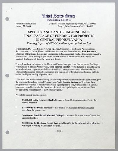 Specter and Santorum announce final passage of funding for projects in central Pennsylvania