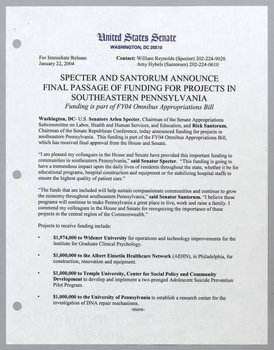 Specter and Santorum announce final passage of funding for projects in southeastern Pennsylvania