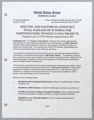Specter and Santorum announce final passage of funding for northwestern Pennsylvania projects