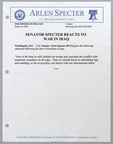 Senator Specter reacts to war in Iraq