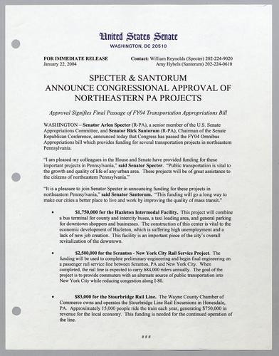 Specter and Santorum announce Congressional approval of northeastern Pennsylvania projects