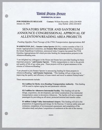 Senators Specter and Santorum announce Congressional approval of Allentown/Reading area projects