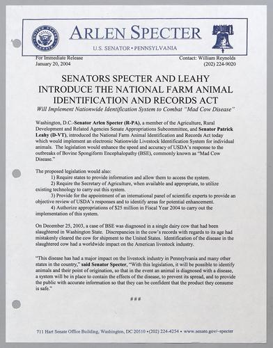 Senators Specter and Leahy introduce the National Farm Animal Identification and Records Act