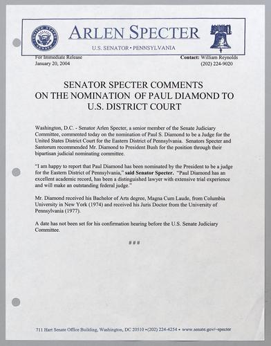 Senator Specter comments on the nomination of Paul Diamond to U.S. District Court