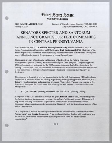 Senators Specter and Santorum announce grants for fire companies in central Pennsylvania