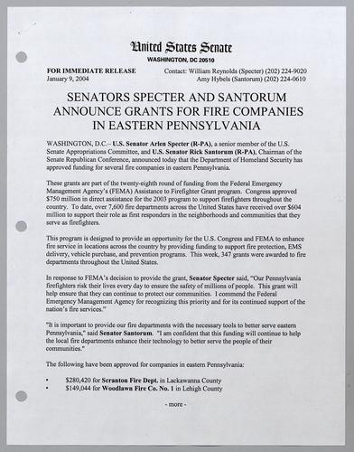 Senators Specter and Santorum announce grants for fire companies in eastern Pennsylvania