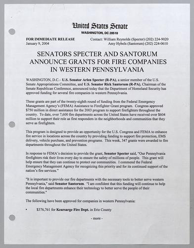 Senators Specter and Santorum announce grants for fire companies in western Pennsylvania