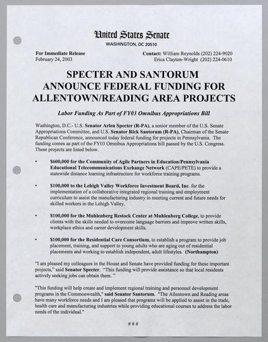 Specter and Santorum announce federal funding for Allentown/Reading area projects