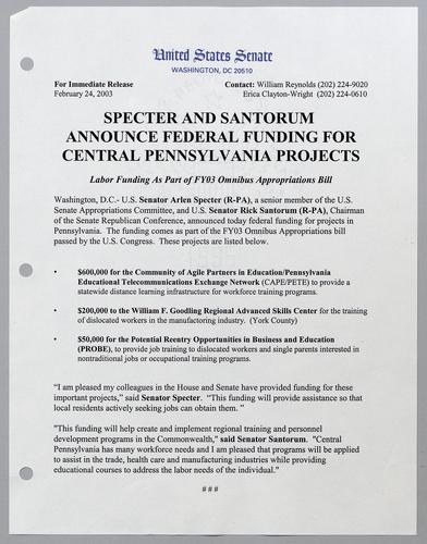 Specter and Santorum announce federal funding for central Pennsylvania projects