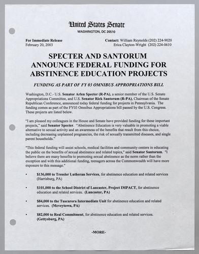 Specter and Santorum announce federal funding for abstinence education projects