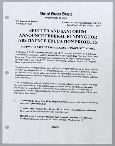 Specter and Santorum announce federal funding for abstinence education projects