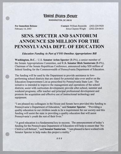 Senators Specter and Santorum announce $20 million for the Pennsylvania Department of Education