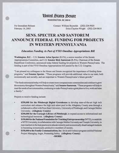 Senators Specter and Santorum announce federal funding for projects in western Pennsylvania