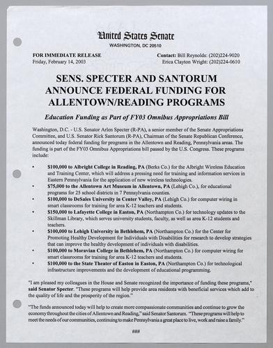 Senators Specter and Santorum announce federal funding for Allentown/Reading programs