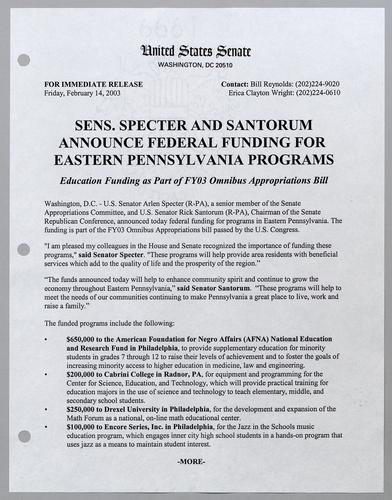 Senators Specter and Santorum announce federal funding for eastern Pennsylvania programs