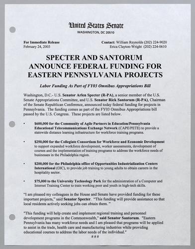 Specter and Santorum announce federal funding for eastern Pennsylvania projects