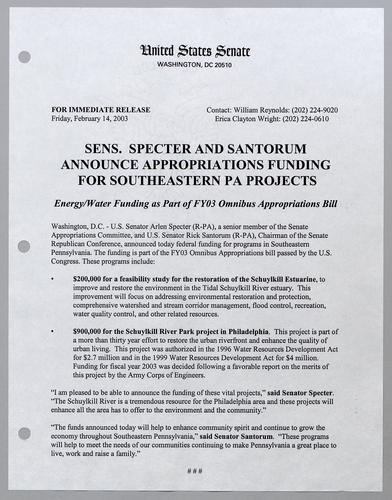 Senators Specter and Santorum announce federal funding for southeastern Pennsylvania projects