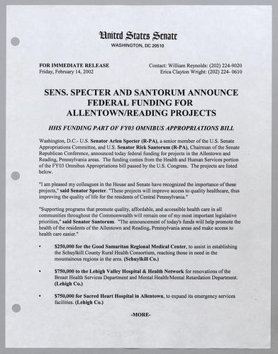 Senators Specter and Santorum announce federal funding for Allentown/Reading projects