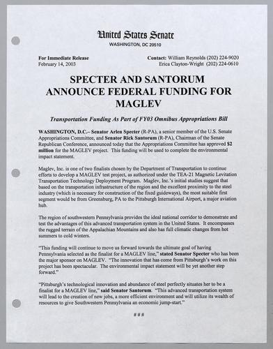 Specter and Santorum announce federal funding for Maglev