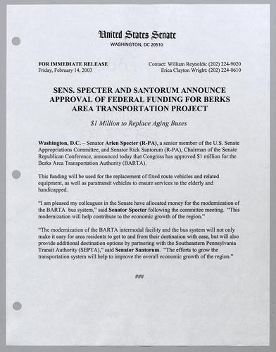Senators Specter and Santorum announce approval of federal funding for Berks area transportation project
